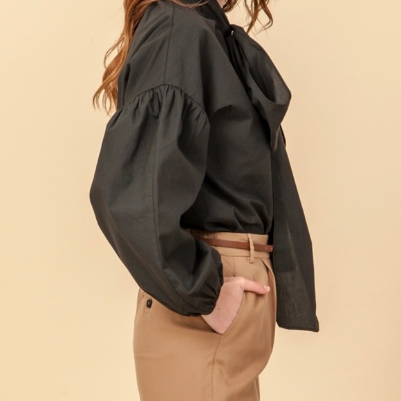 Puffed Sleeve Bow Tie Button Down Blouse - Picture 5 of 5